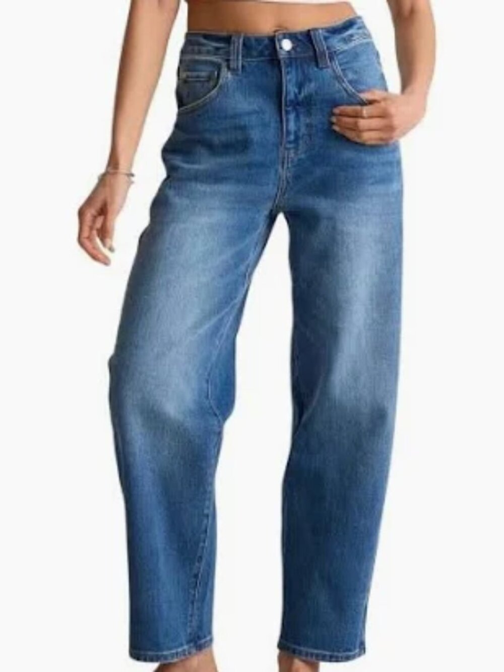 QUINCE BELLA STRETCH BARREL JEANS HIGH RISE ANKLE CROP DENIM sz 26